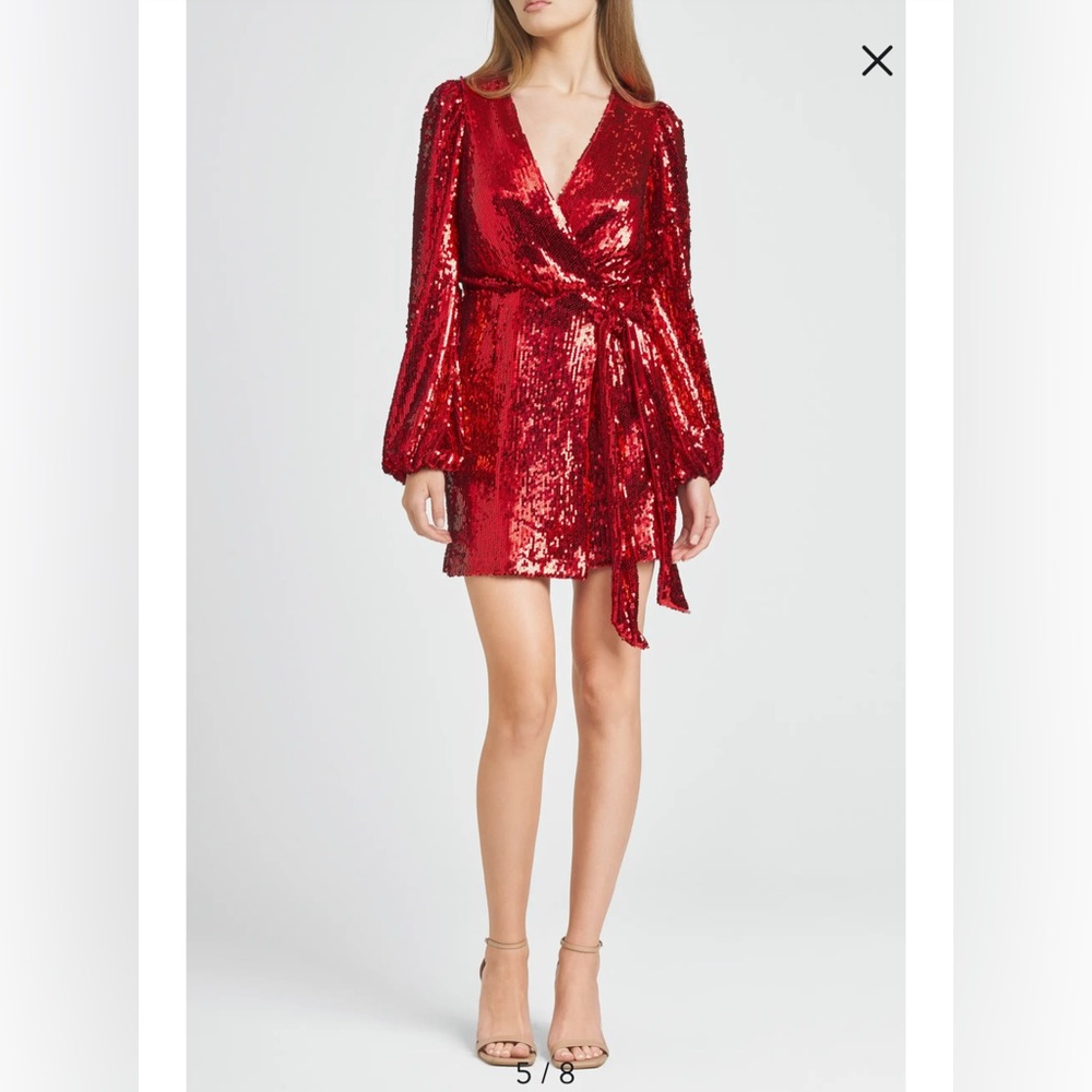 WAYF NWT Flash sequin long sleeve faux wrap minidress in red size XS